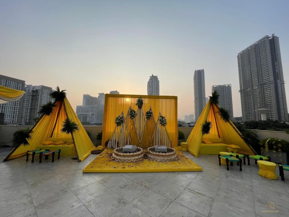 Yellow celebration decor with the city skyline behind
