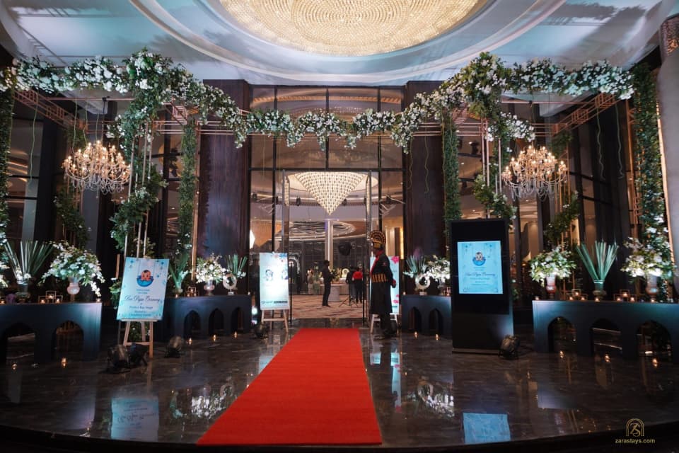 Glass-fronted entrance decorated for a celebration