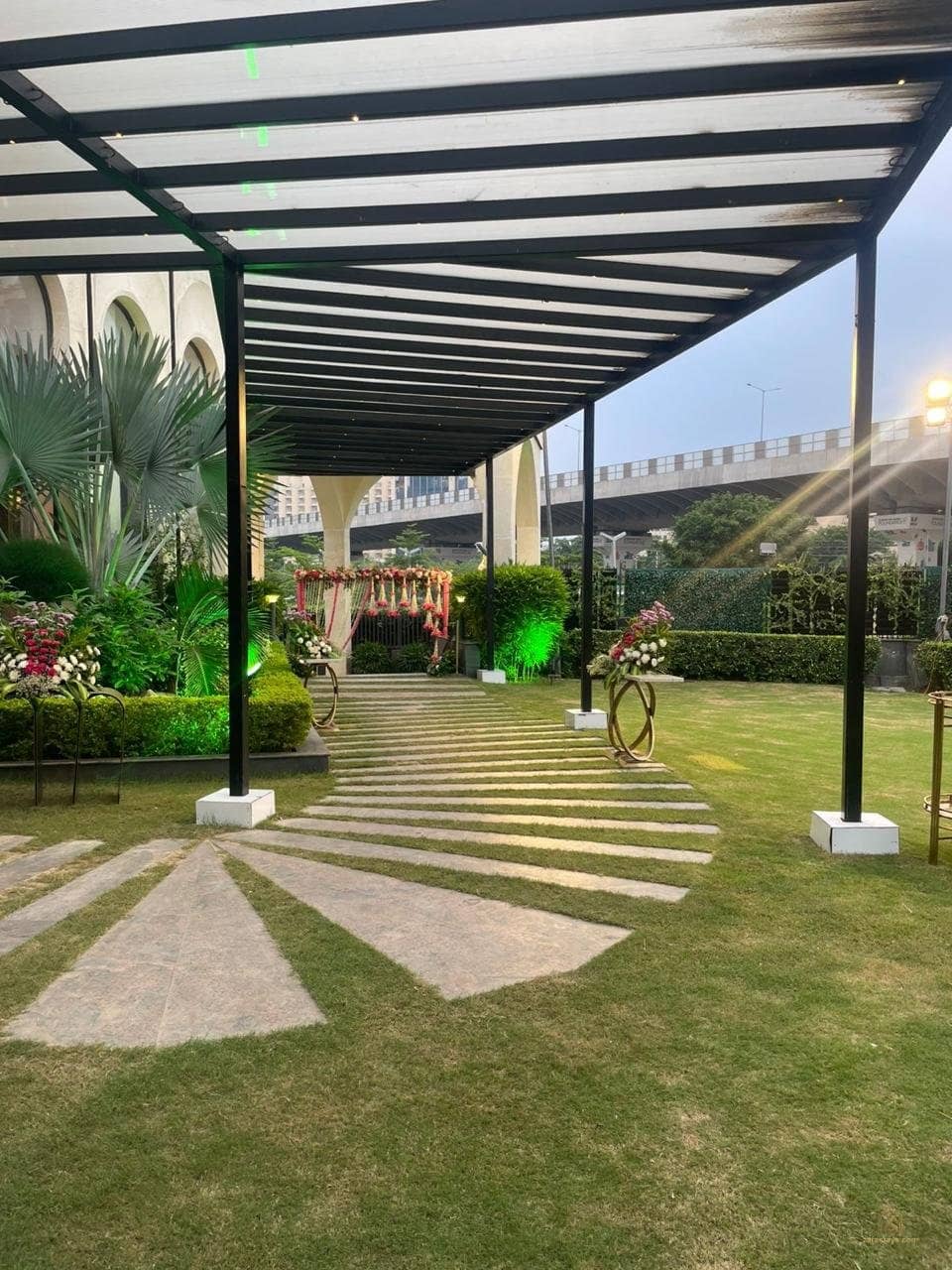 Covered walkway beside the lawn