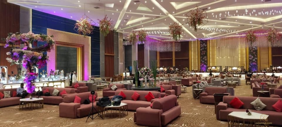 Wide event hall with lounge seating