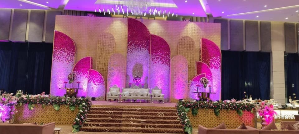 Floral stage across the banquet hall
