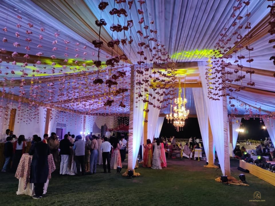 Outdoor celebration beneath a decorated canopy