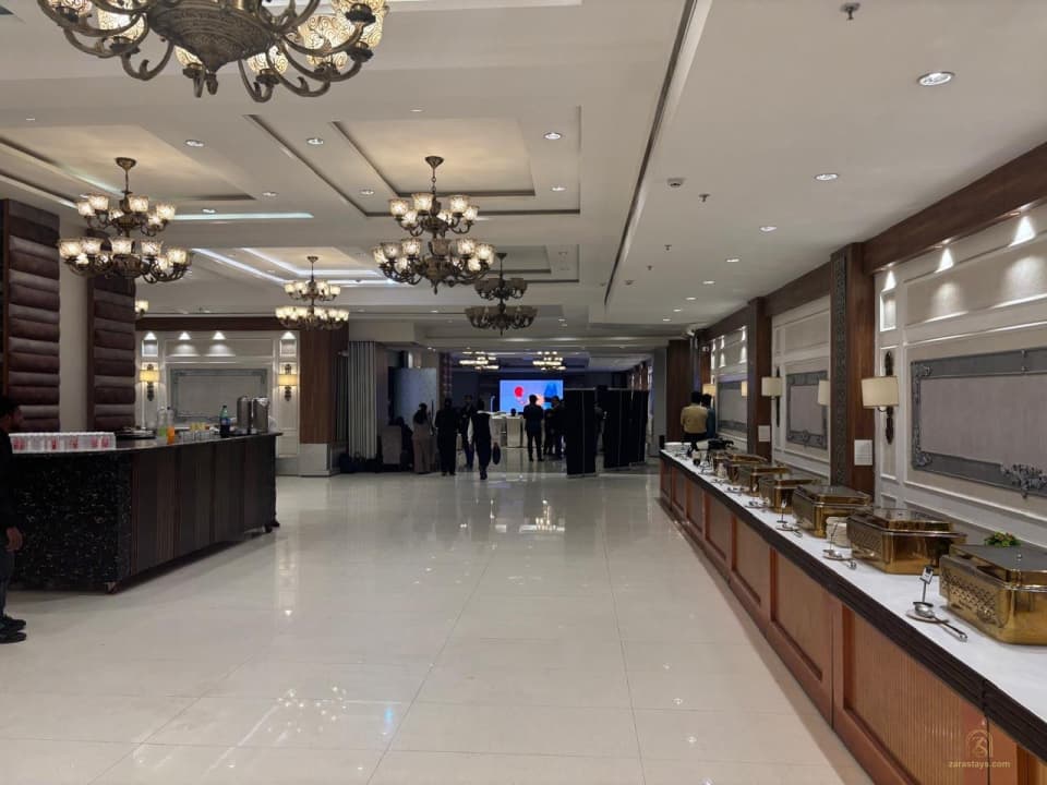 Open banquet floor with buffet counters