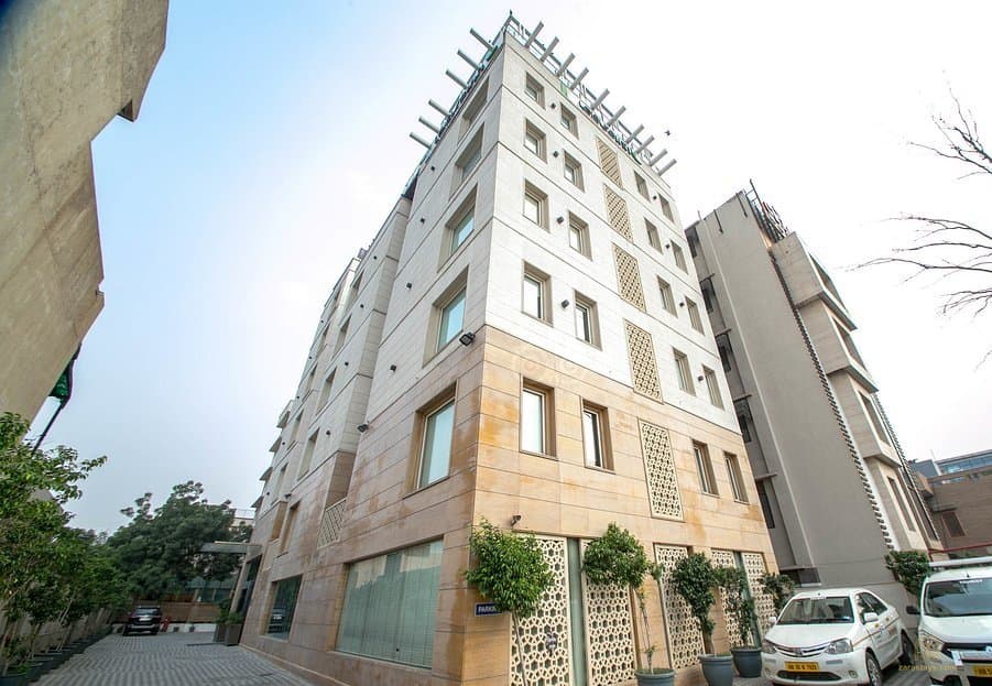 Street view of the hotel entrance and facade