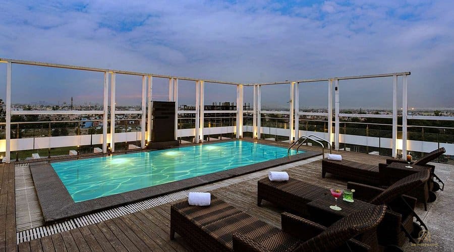 Rooftop pool and seating area