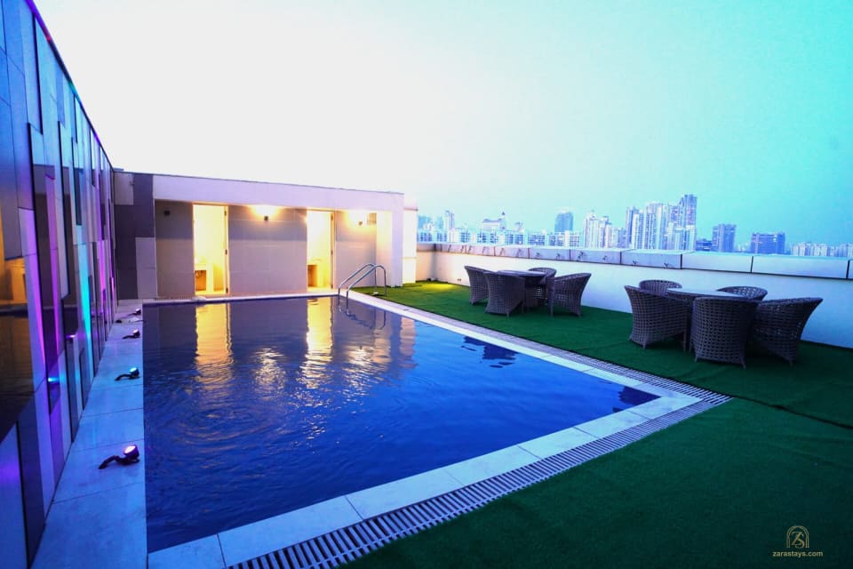 Rooftop swimming pool and seating