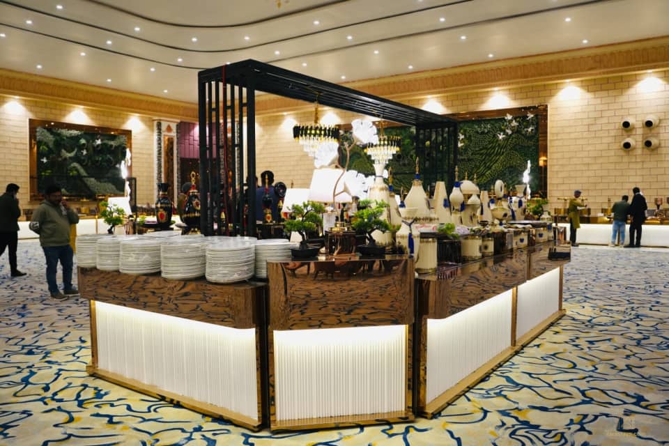 Buffet counters and event lighting in the hall