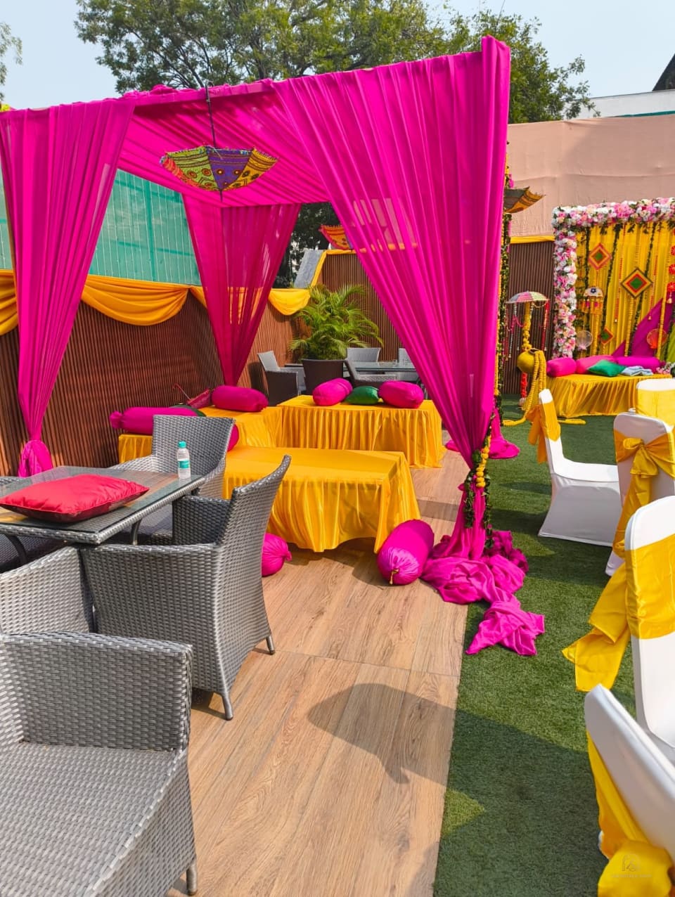 Colourful seating and decor at a daytime event