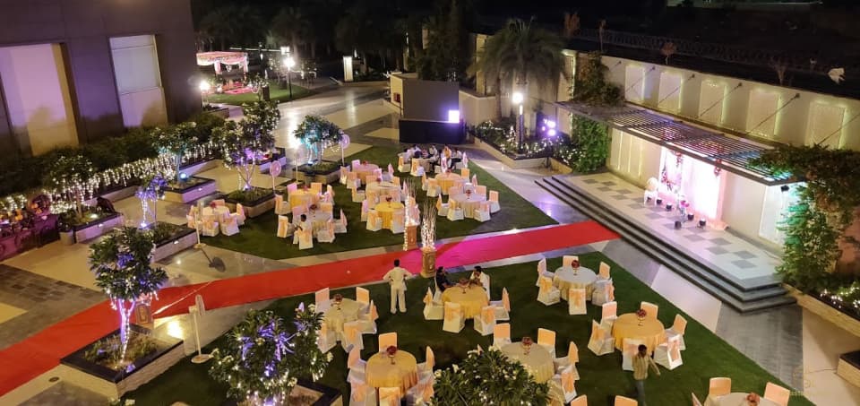 Overhead view of an evening lawn reception