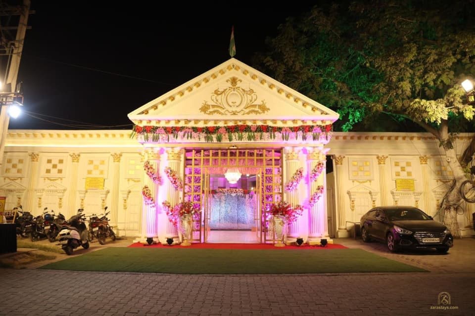 Illuminated venue entrance at night
