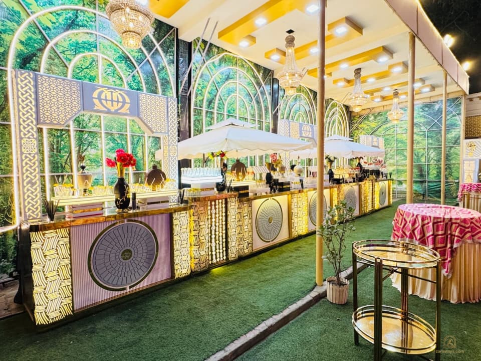Decorated food counters inside the venue