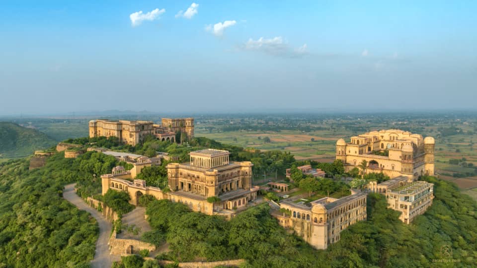Aerial view of Tijara Fort-Palace and its hilltop setting