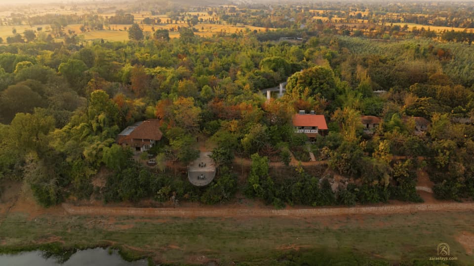 Aerial view of cottages among trees at Tendu Leaf Jungle Resort & Spa