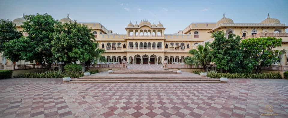The palace facade and forecourt at Laxmi Vilas Palace