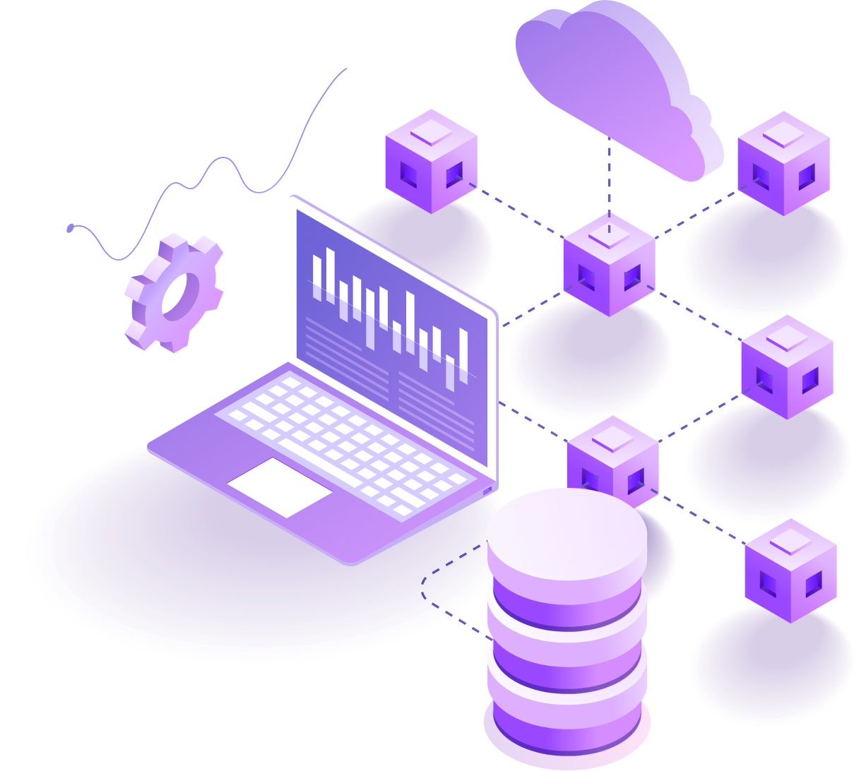 An isomorphic image in shades of Vendia violet and plum; graphic elements include an open laptop, 6 connected blockchain cubes, a gear, a cloud, and stack of circular databases 