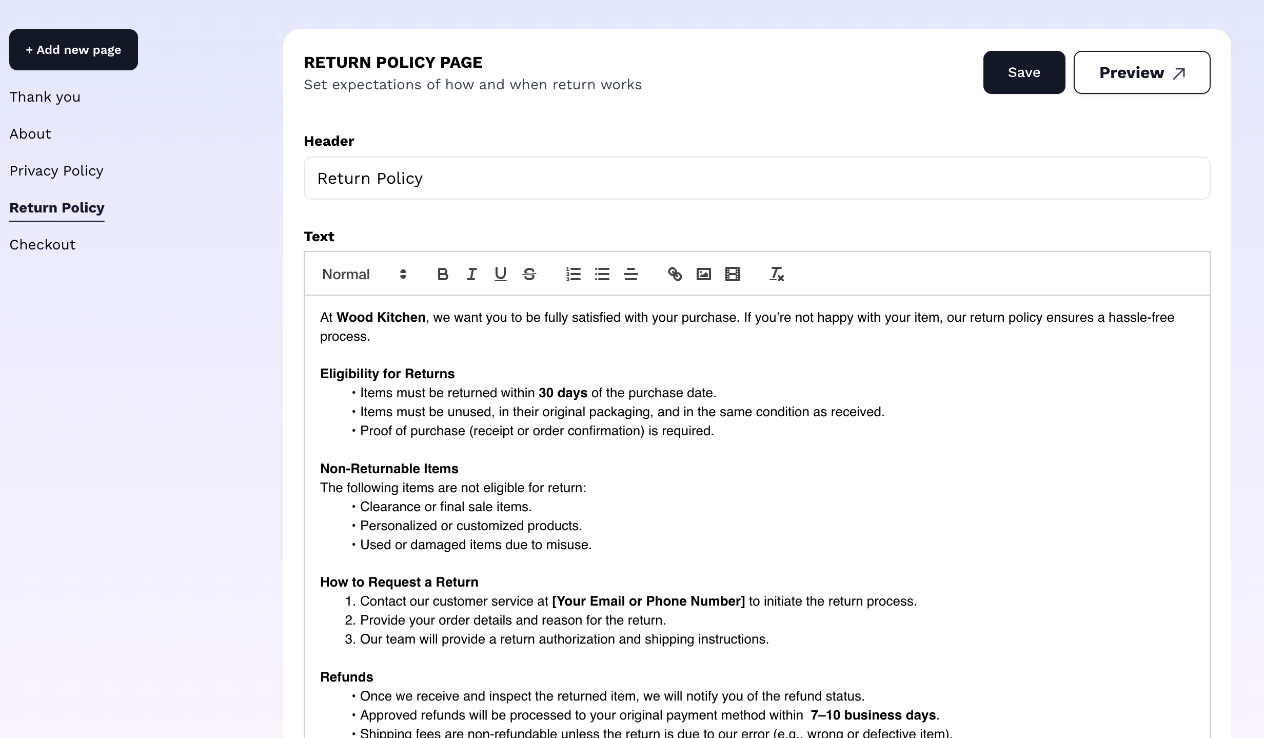 Vendroad let's you add all the pages your website needs - Return policy, about, and custom business pages