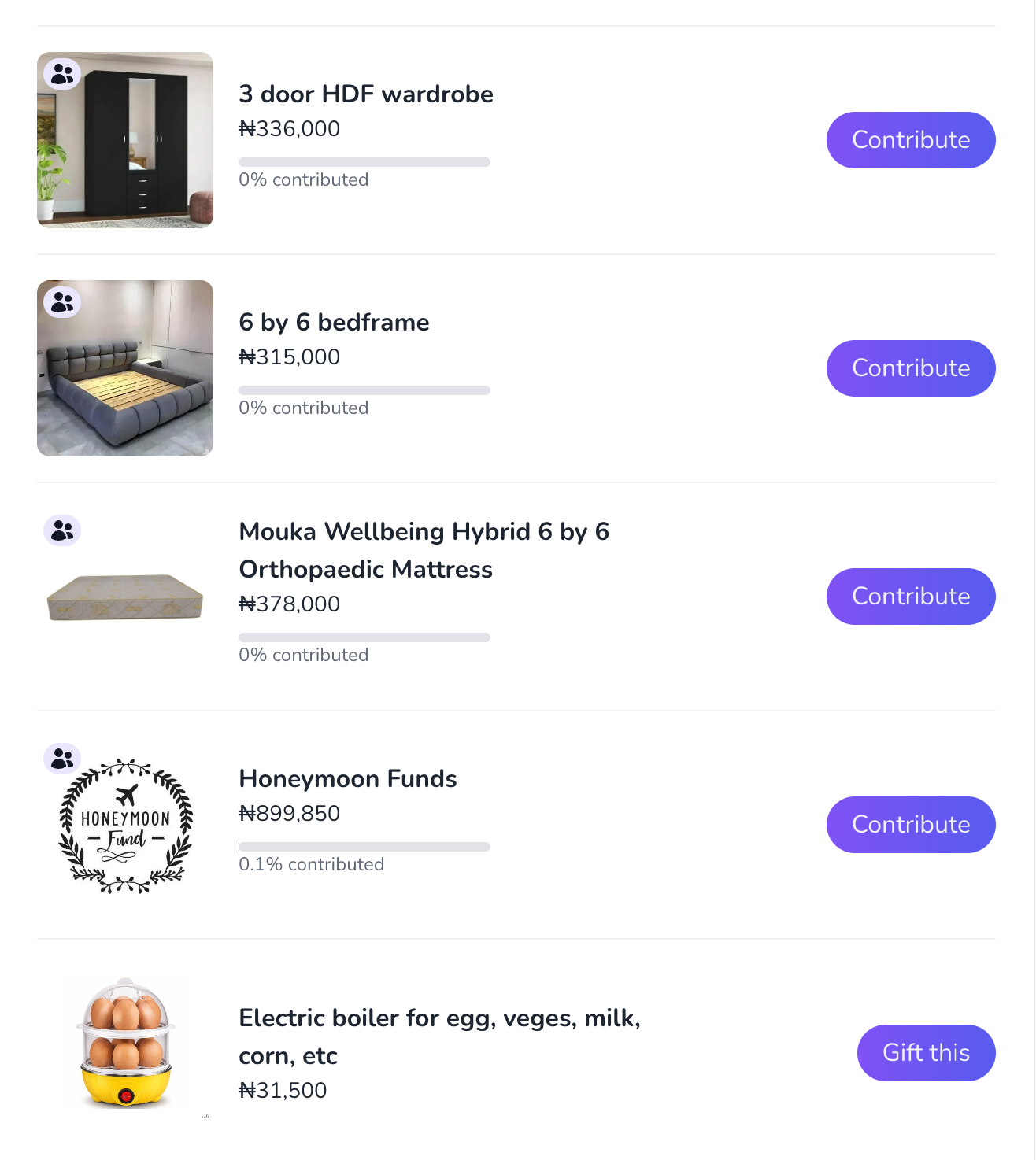 Sample of wedding registry created using wishgum