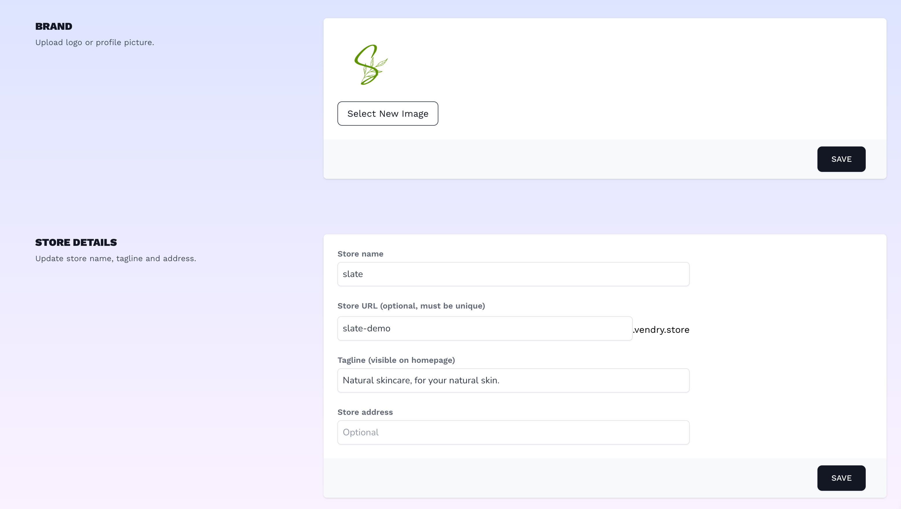 Store details dashboard - where you can upload logo, add store name, url and tagline