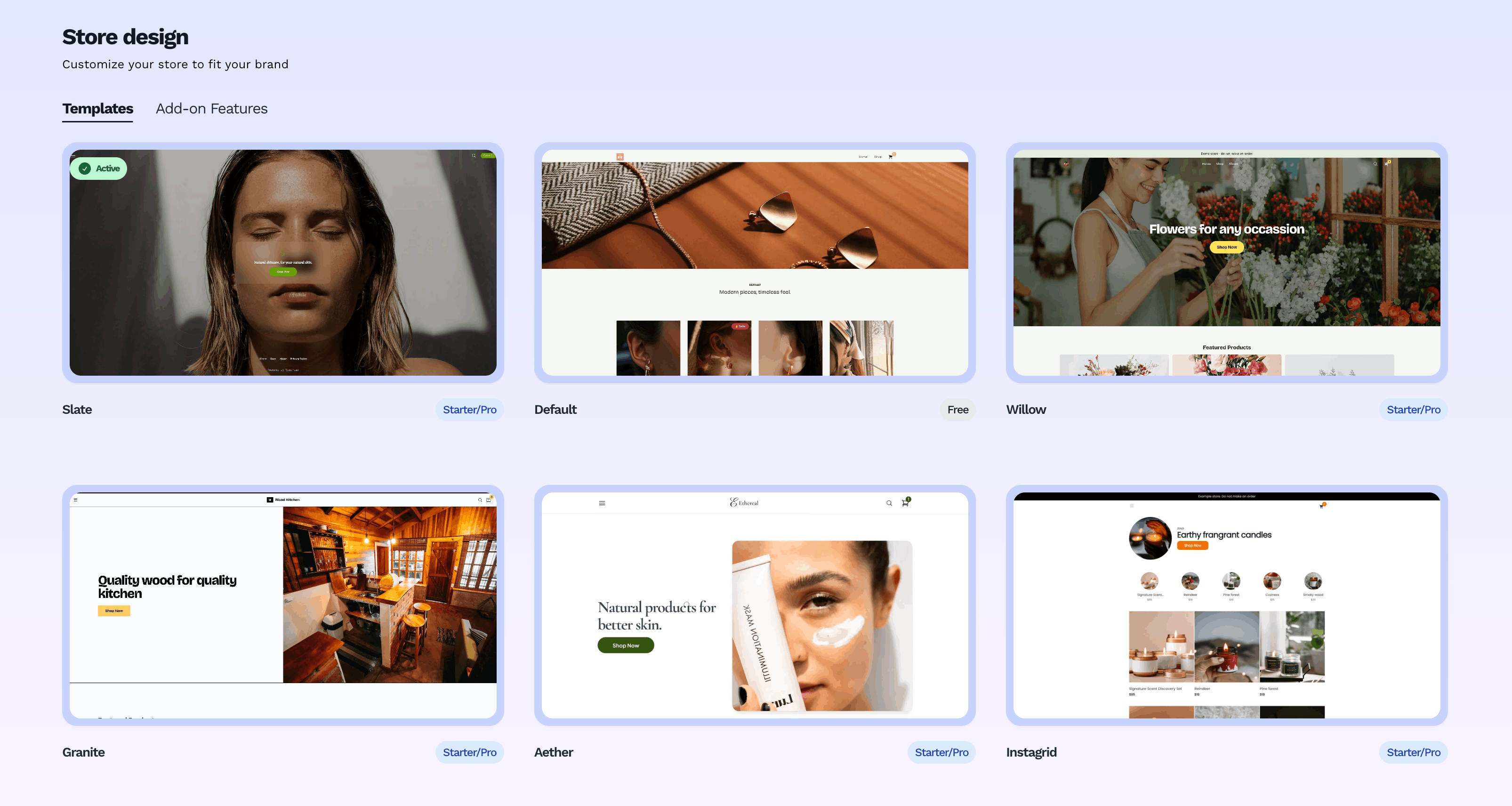 Store design settings showing available themes. Select one to customise