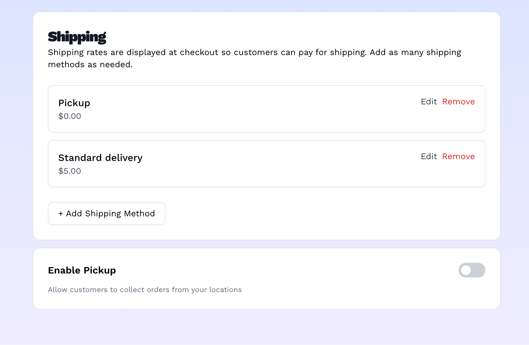 Shipping rates set here show up at checkout for customers to select