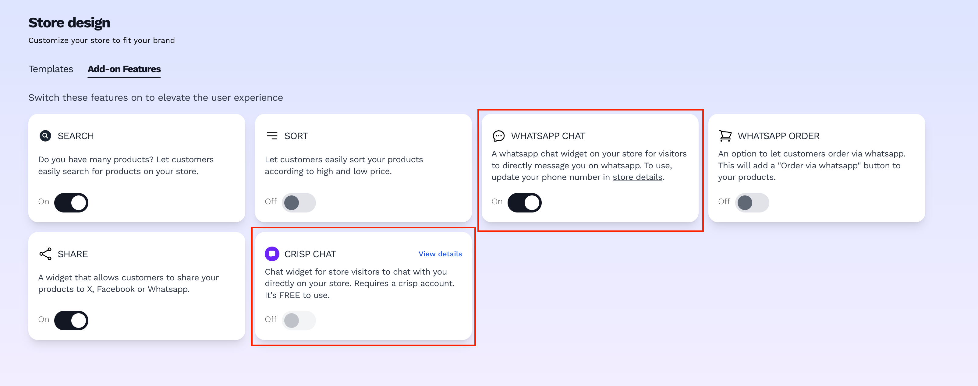 Switch on either whatsapp chat or crisp chat to always be able to communicate with customers