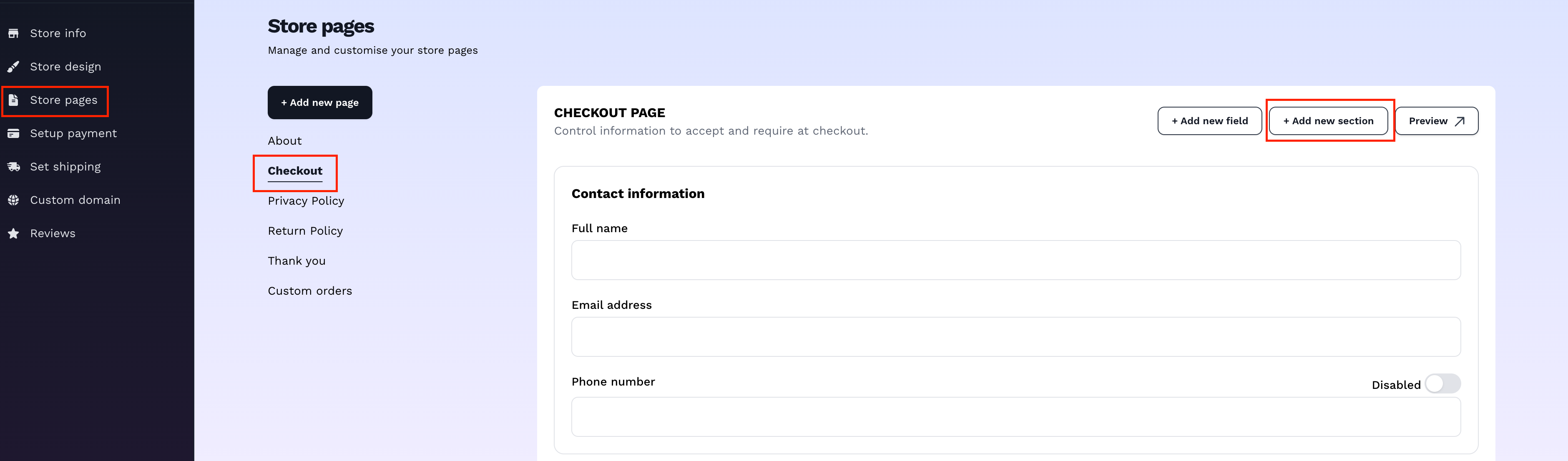 Screenshot: store pages section on Vendroad