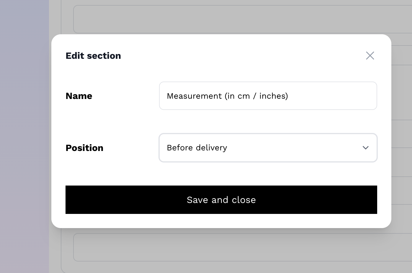 Screenshot of section creation on Vendroad