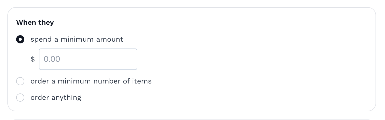 Enter minimum spend amount for when the discount applies