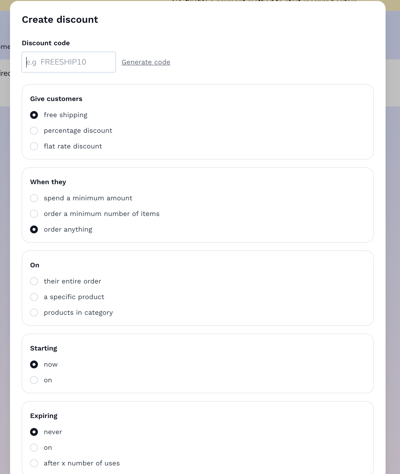 Discount code modal on Vendroad