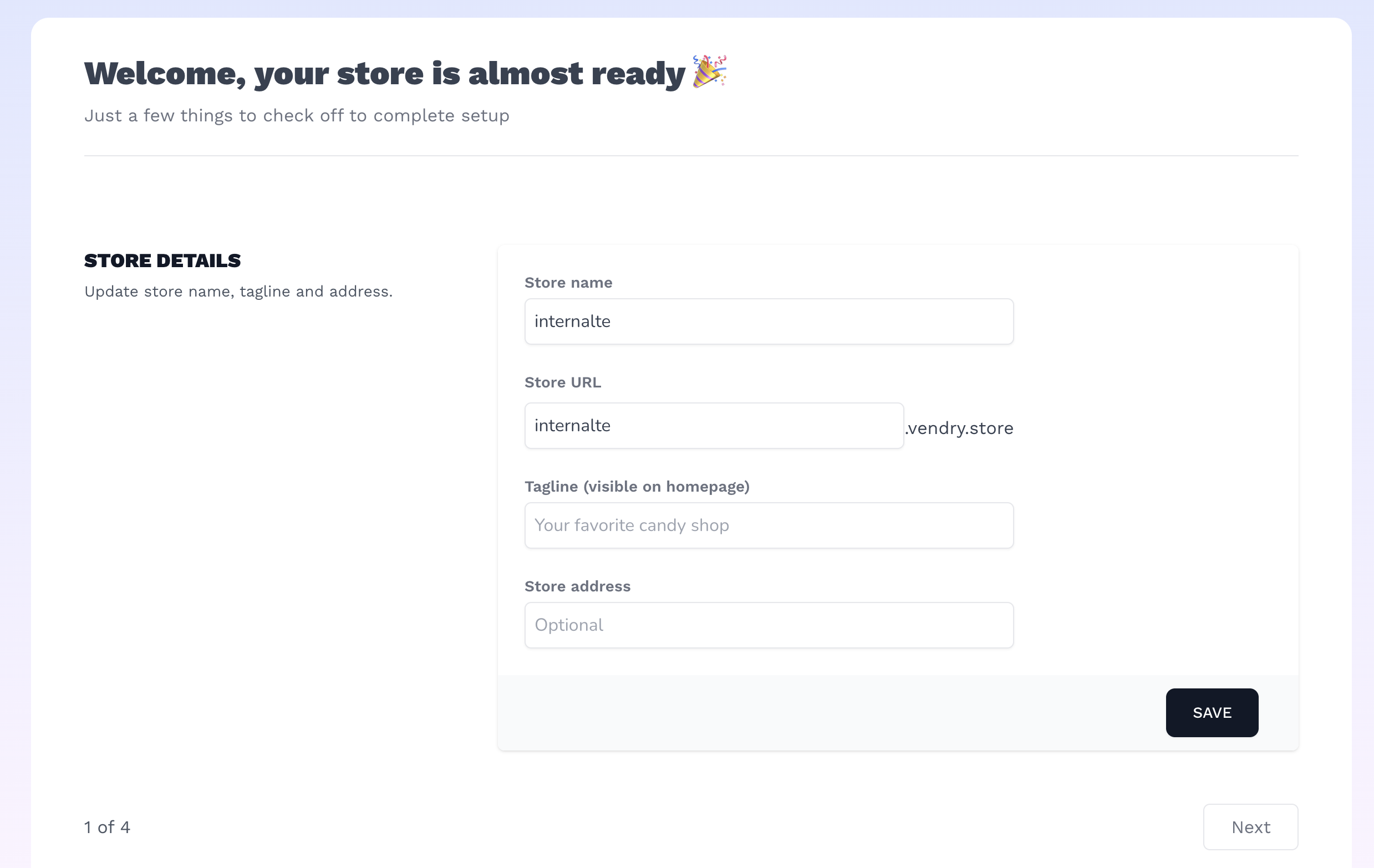 Enter your store name, url, tagline and optionally store address