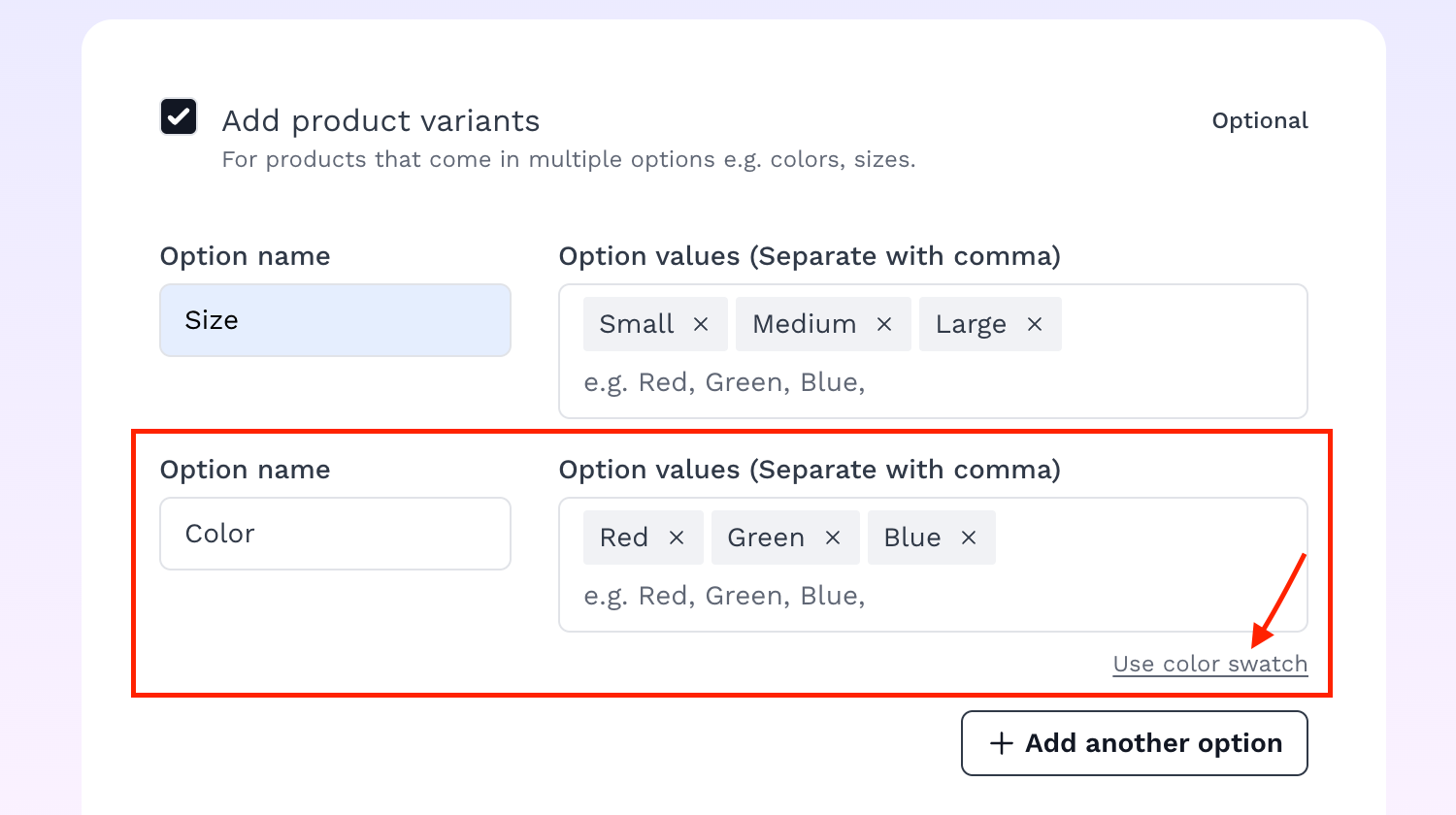 When a color keyword is detected, a "use color swatch" appears
