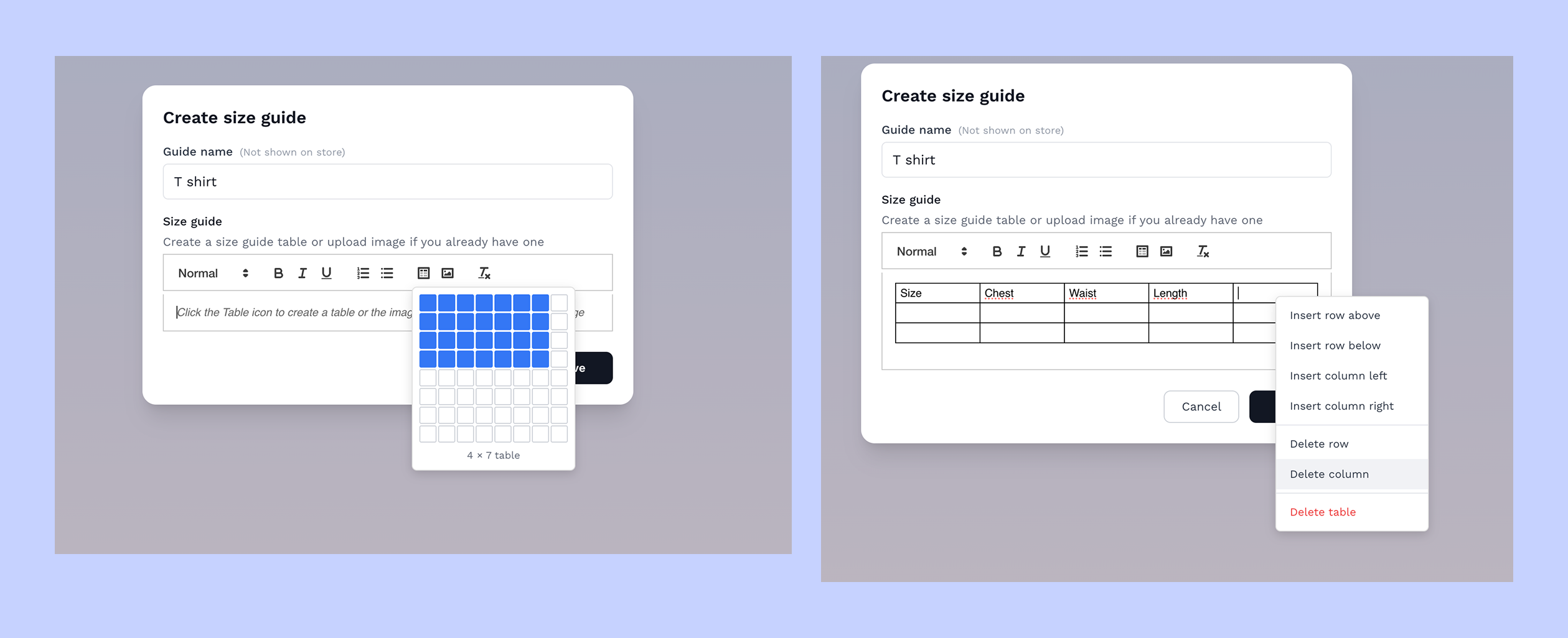 How to insert table into the size guide