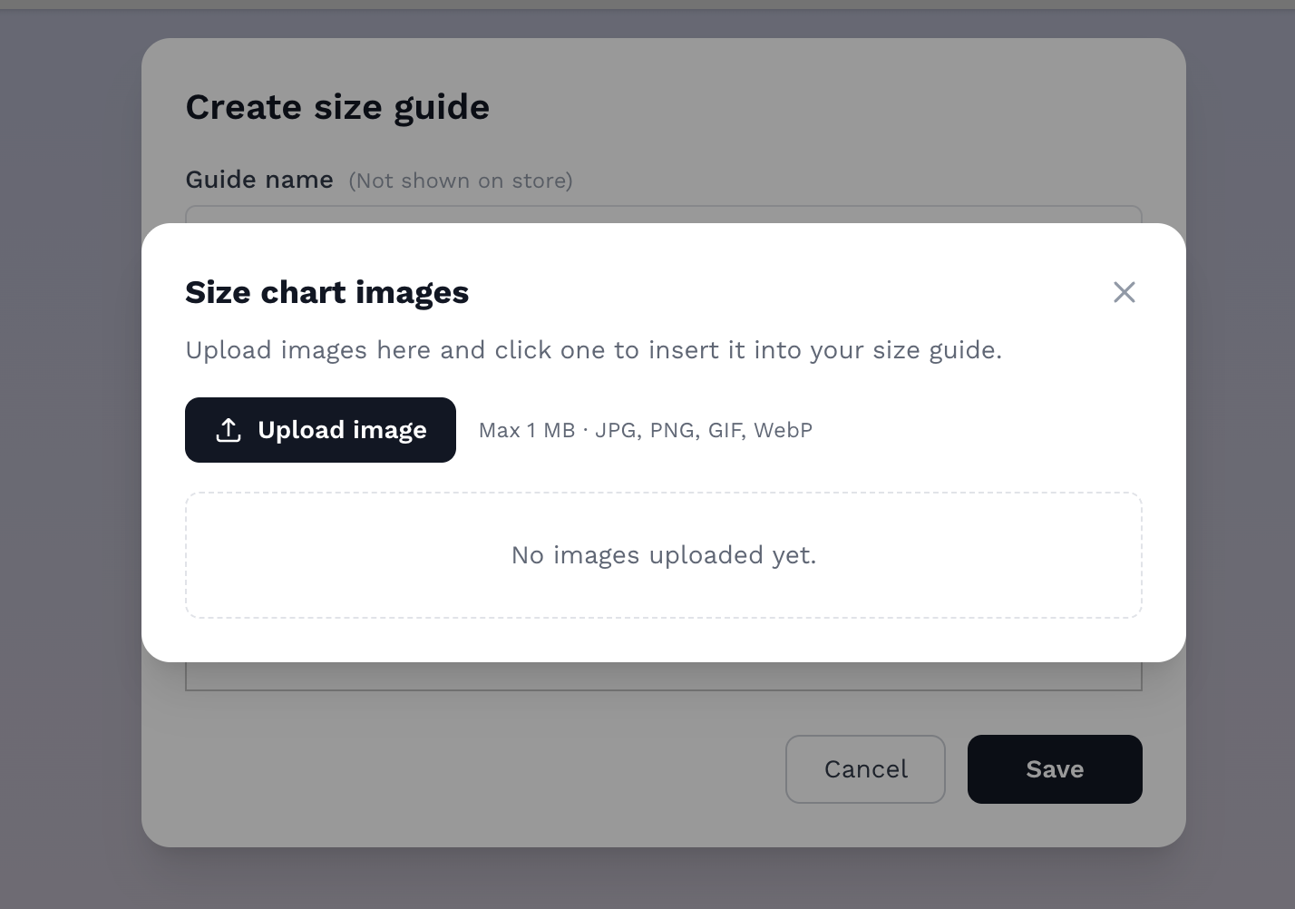 Upload image if you already have an existing size guide