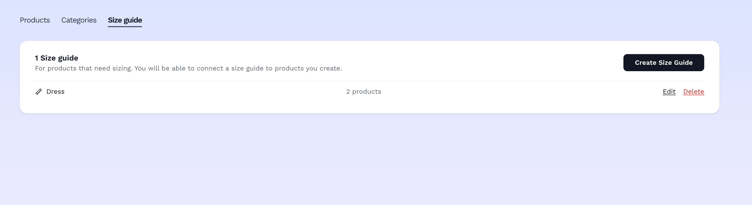Where to create a size guide: products > size guide tab