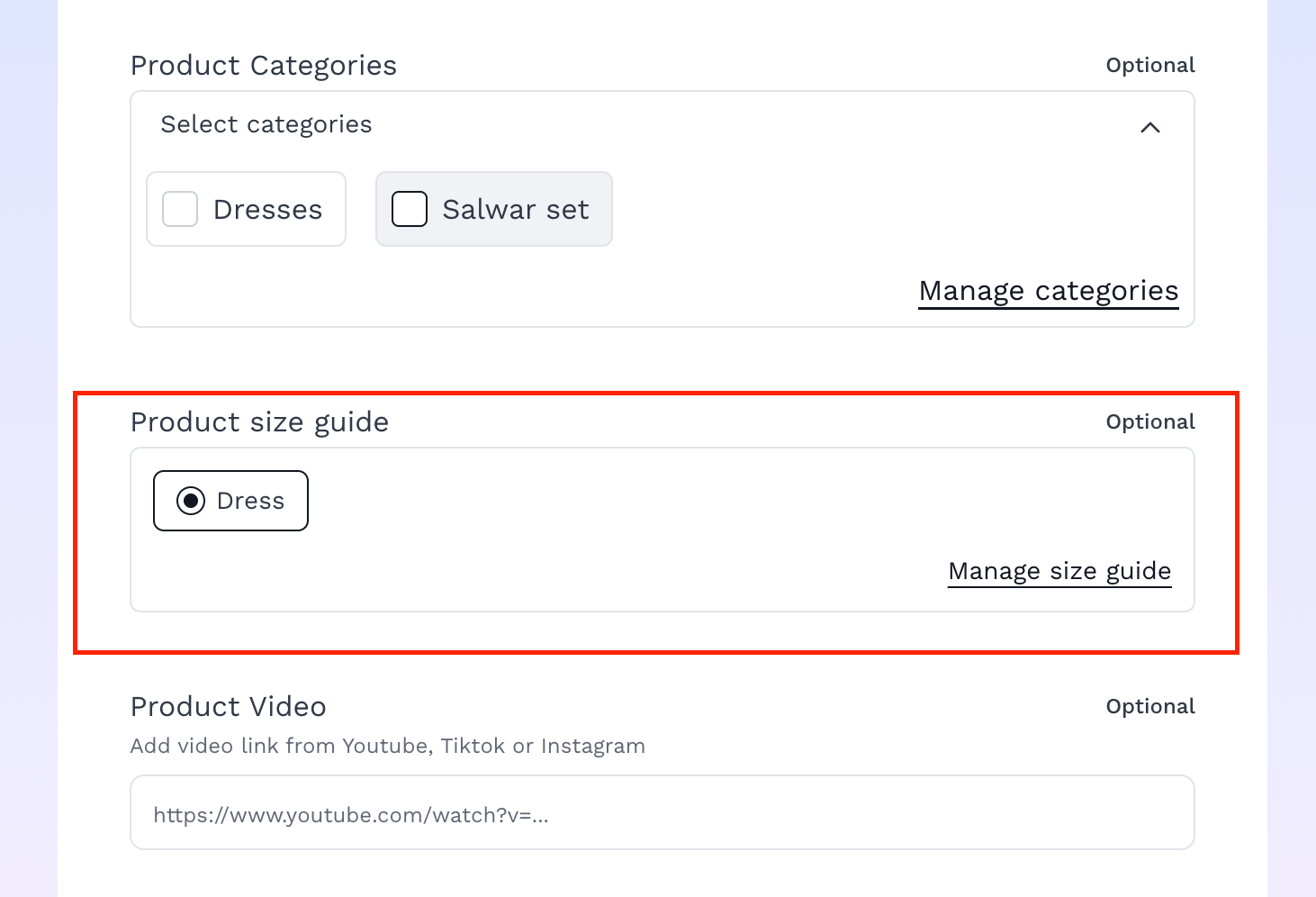 Attach the size guide when creating new products. You can only select 1