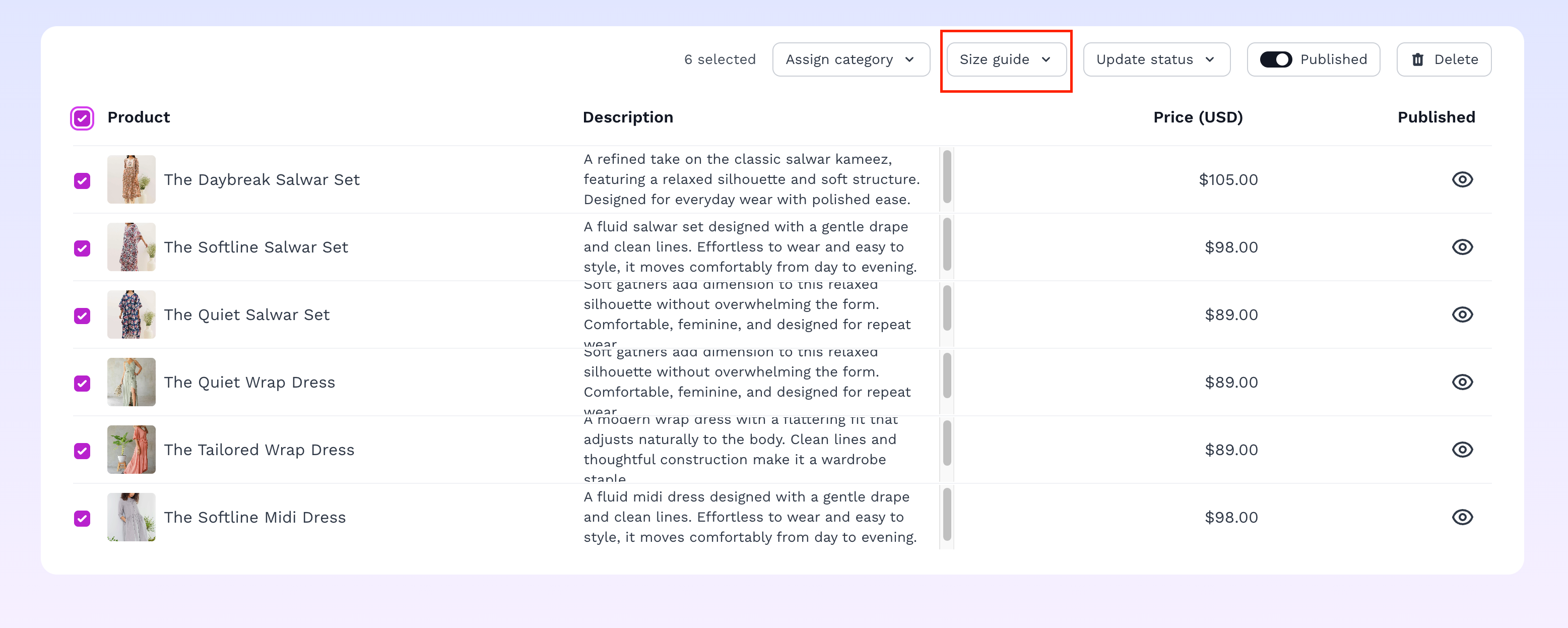 Assign size guide to multiple products at once
