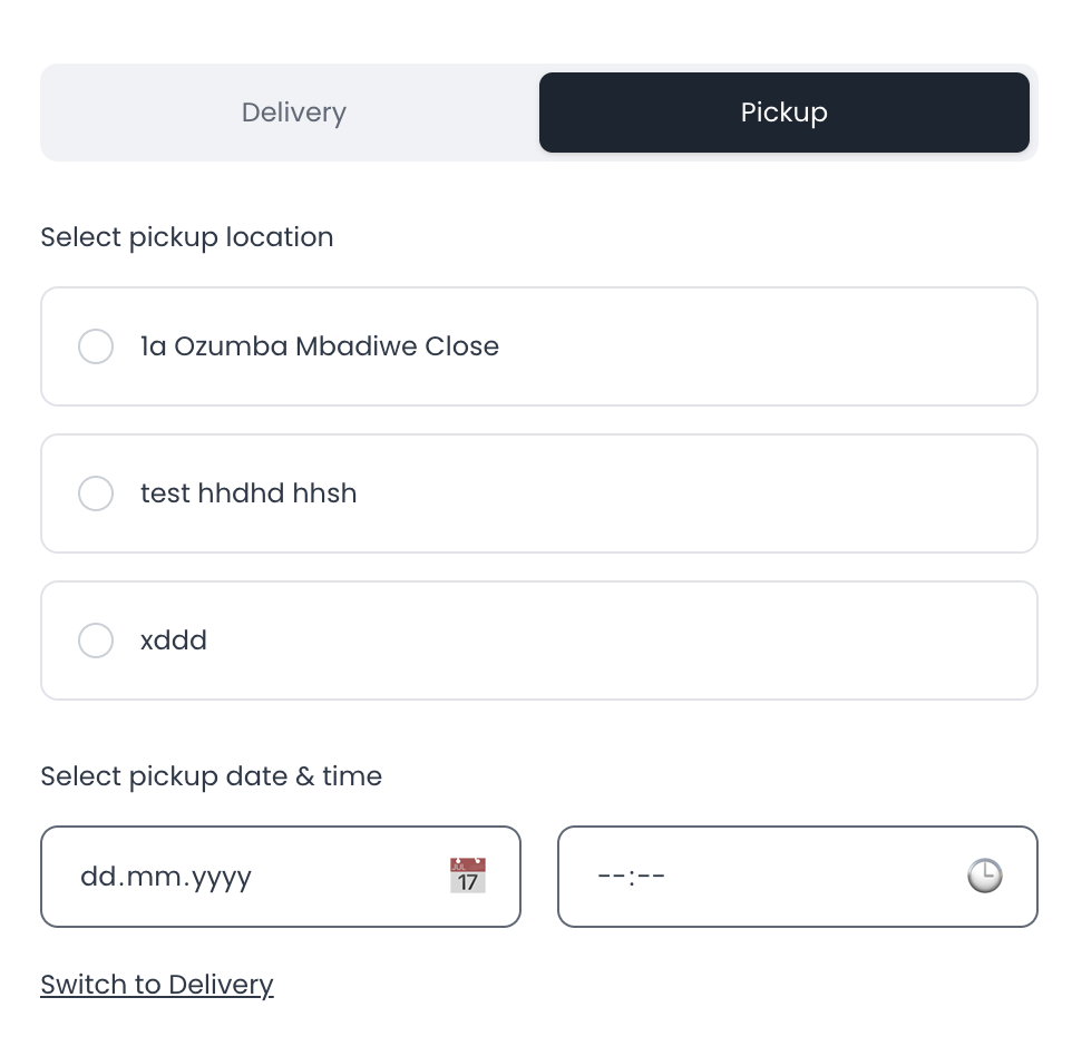 Customers see the pickup location(s) you've defined and can set pickup date and time