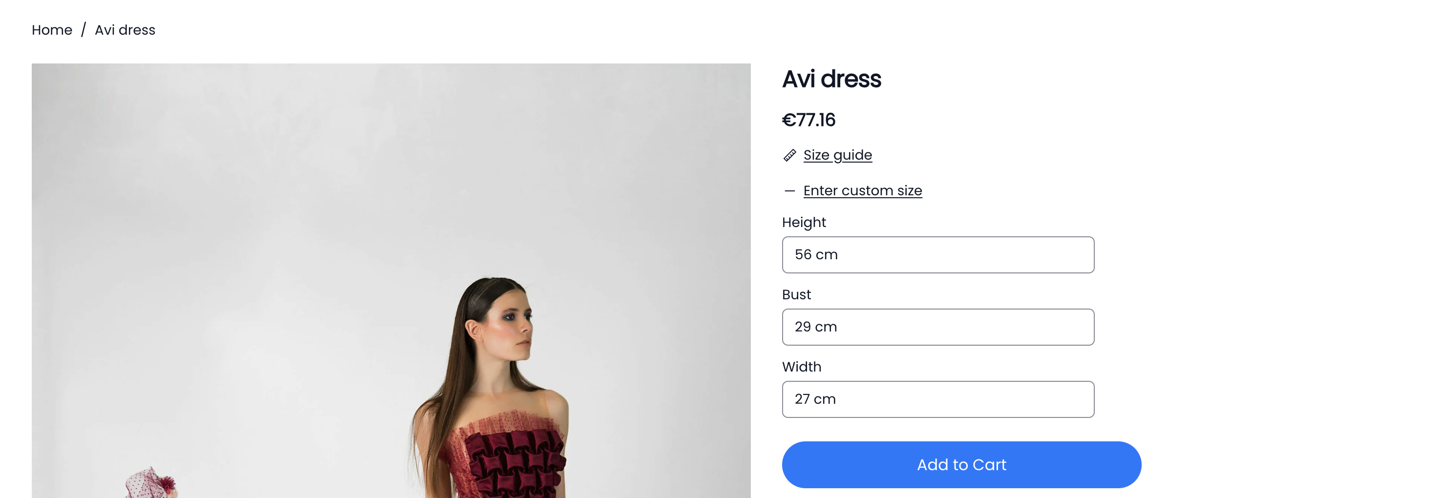 How it looks like when customer clicks to enter custom size. They can enter details and the add to cart
