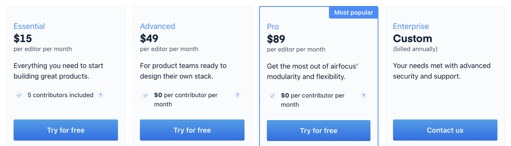 Screenshot of airfocus' pricing details