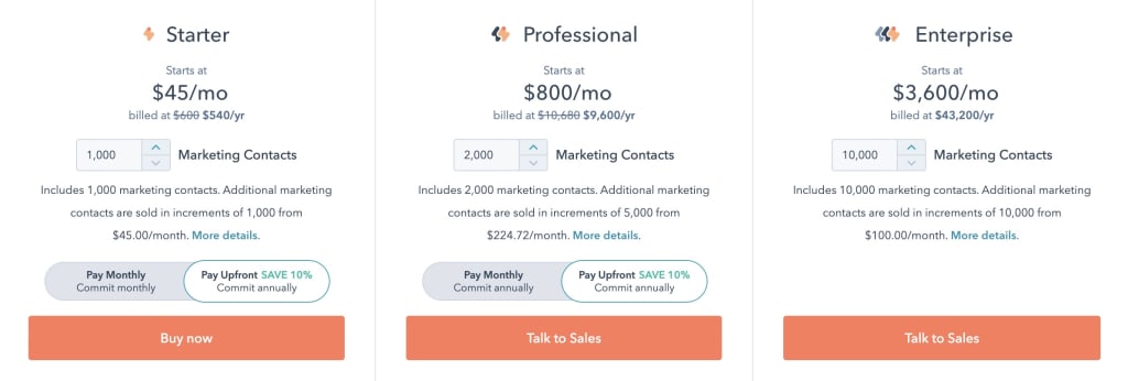 Image of HubSpot's pricing information