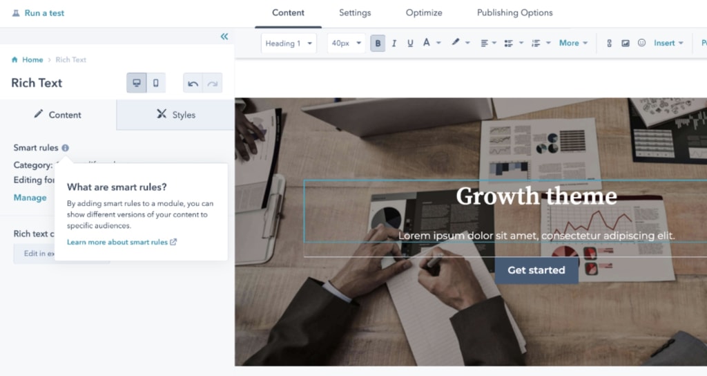 Screenshot of HubSpot's content editor for producing marketing copy