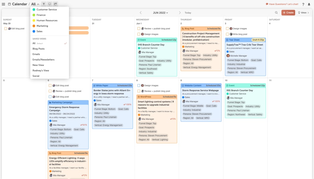 Screenshot of CoSchedule's content calendar for planning marketing copy schedules