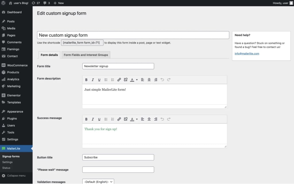 mailerlite wordpress dashboard