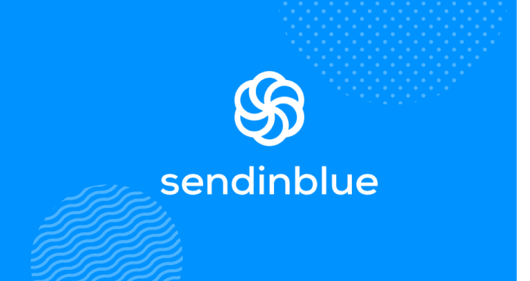 A blue logo with the word "Sendinblue" written in white capital letters