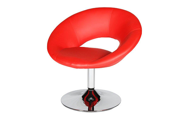 CHAIR LOUNGE, RED LEATHER/CHROME FOOT, SWIVEL. SH:43CM