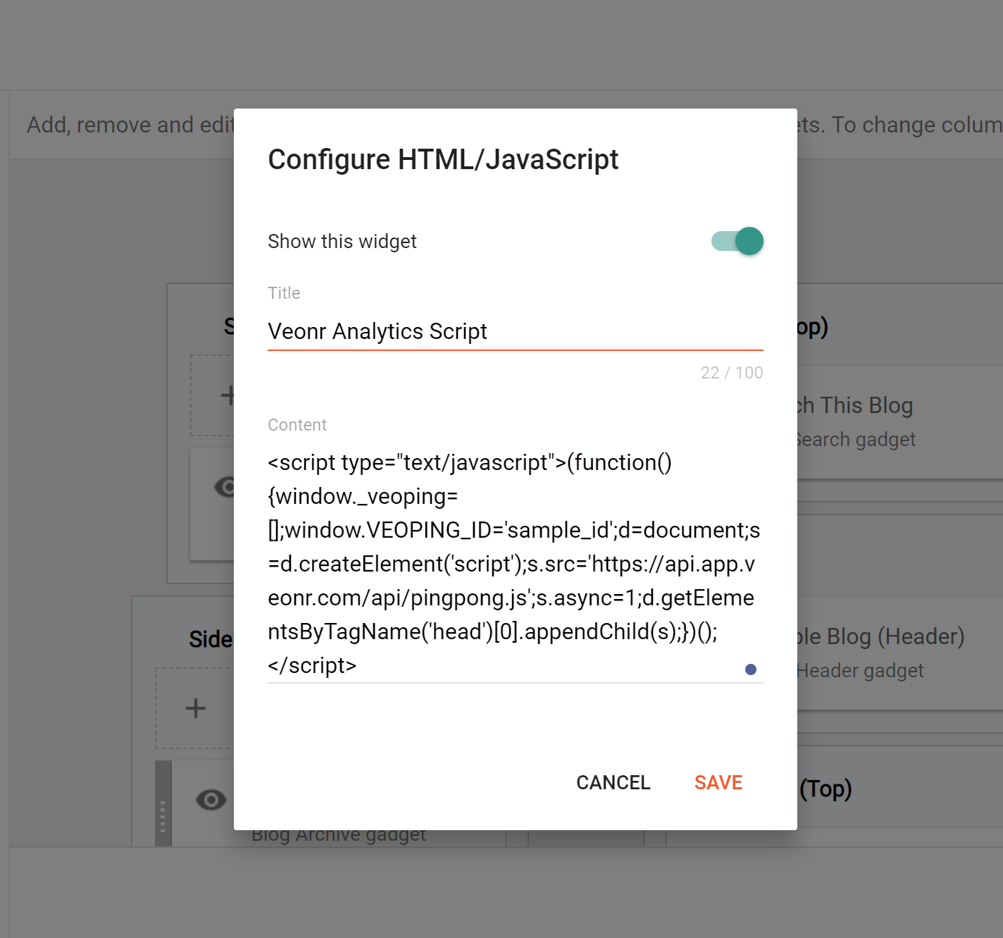 adding veonr analytics code snippet