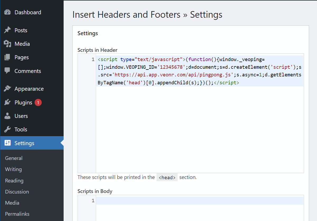 paste wordpress veonr analytics code javascript