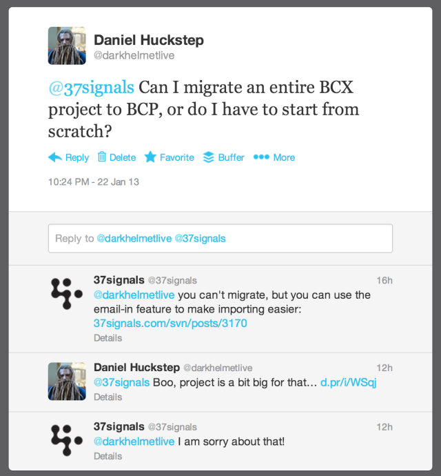 Twitter conversation with @37Signals about migrating a BCX project