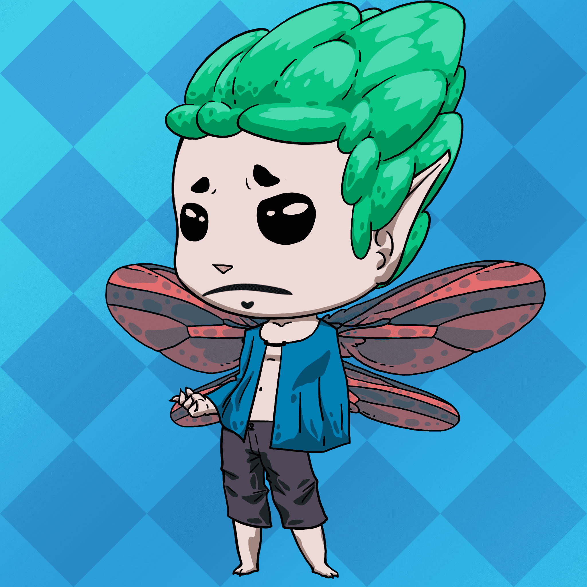 A Dmon with a sad face, insect wings and green hair