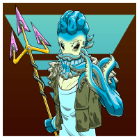 A blue spawn with tentacles as its left hand, a trident in its right arm and a big blue beard